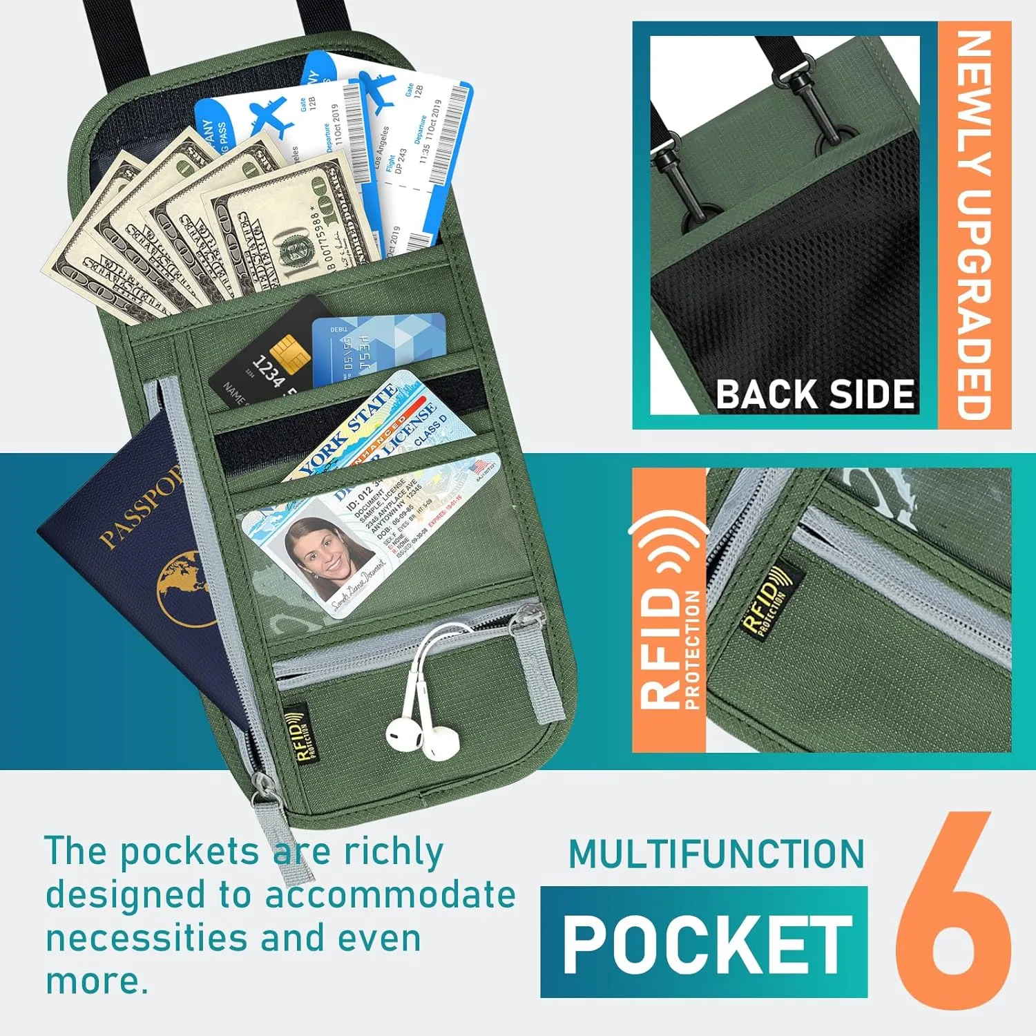 Travel Neck Wallet, RFID Blocking Passport Holder with Adjustable Neck Strap for Men and Women to Keep Cash, Credit Cards and Travel Documents Safe - B