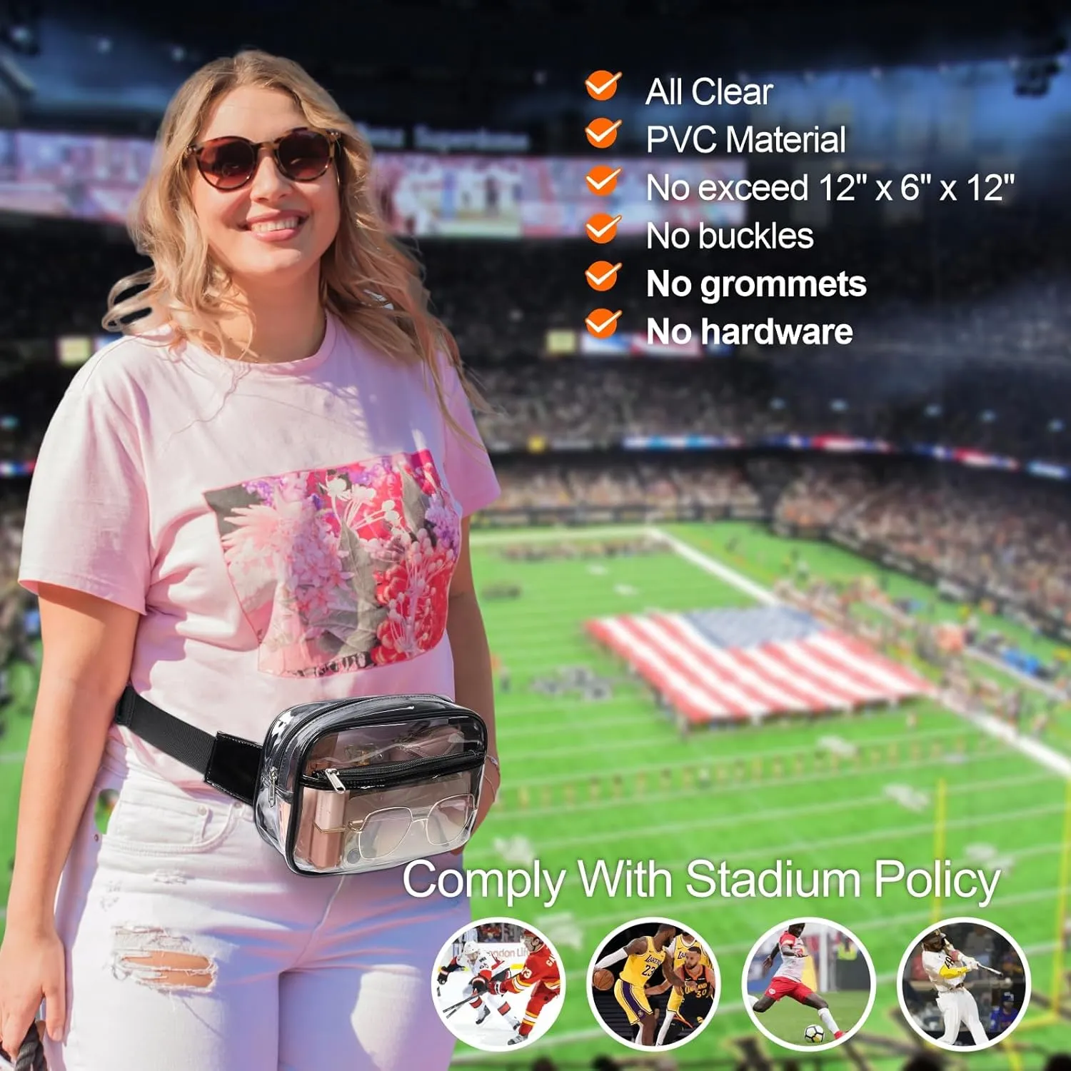 Veckle Clear Belt Bag - Clear Fanny Pack Stadium Approved for Women Large Transparent Waist Bag for Sports Events, Concerts, Festivals, Black