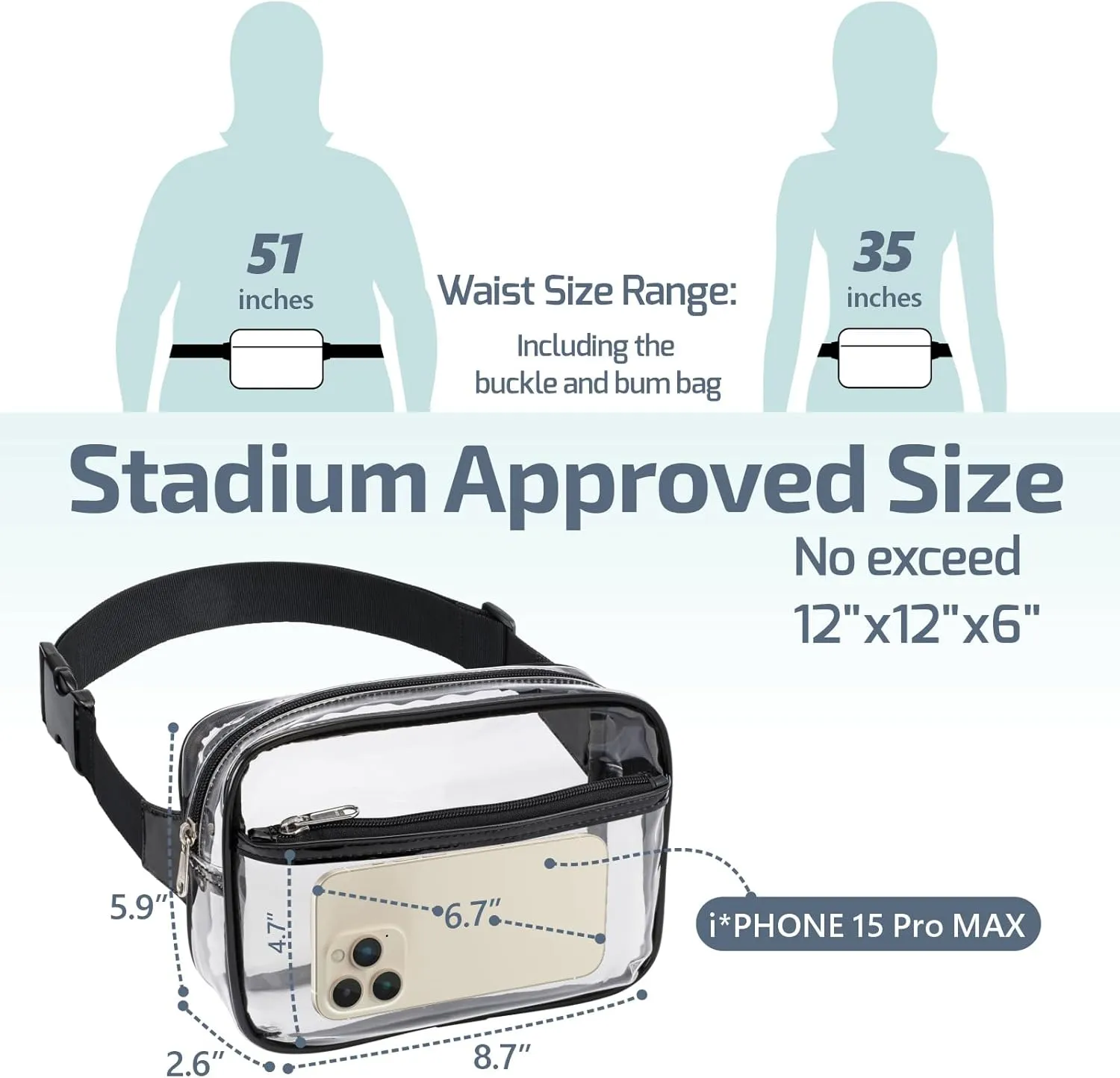 Veckle Clear Belt Bag - Clear Fanny Pack Stadium Approved for Women Large Transparent Waist Bag for Sports Events, Concerts, Festivals, Black