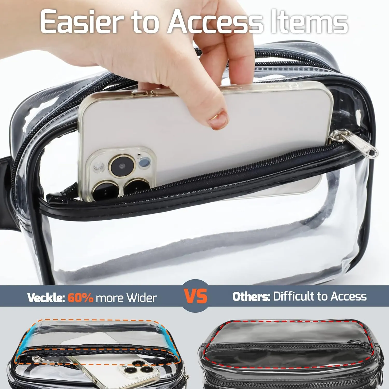 Veckle Clear Belt Bag - Clear Fanny Pack Stadium Approved for Women Large Transparent Waist Bag for Sports Events, Concerts, Festivals, Black