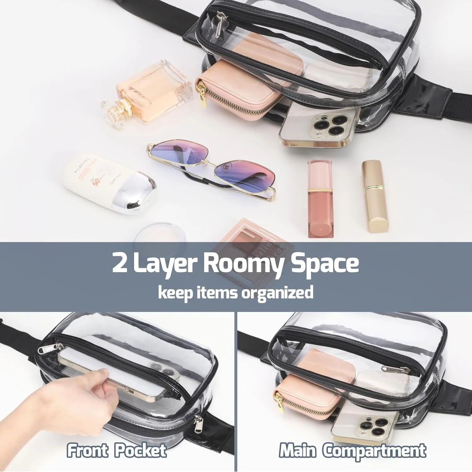 Veckle Clear Belt Bag - Clear Fanny Pack Stadium Approved for Women Large Transparent Waist Bag for Sports Events, Concerts, Festivals, Black