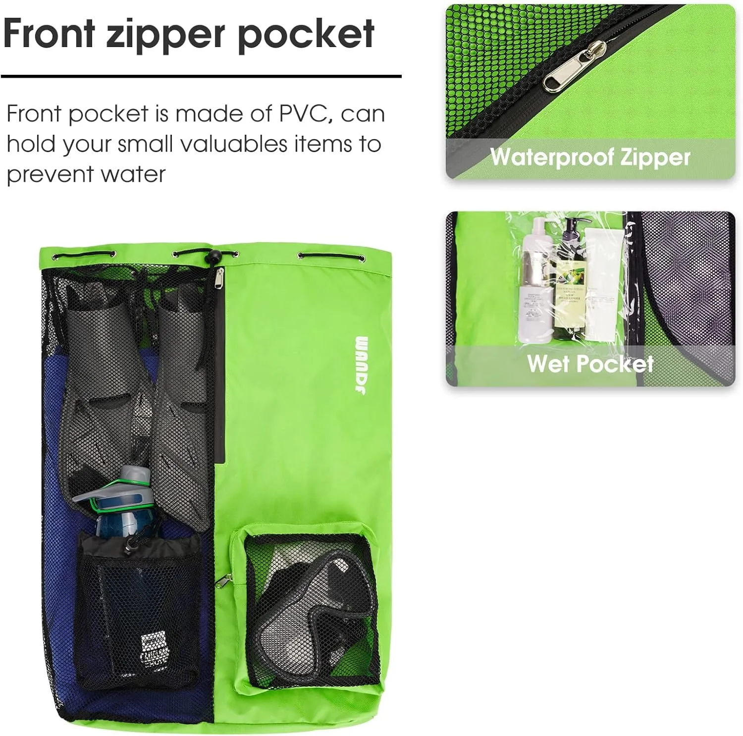WANDF Swim Bag Mesh Drawstring Backpack with Wet Pocket for Swimming, Gym, and Workout Gear