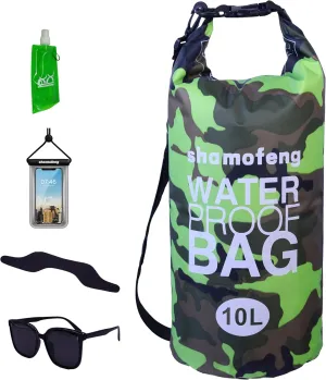 Waterproof Dry Bag Combo 5-30L Roll Top Dry Storage Bag Backpack for Kayaking Boating Beach Camping Travel Fishing, w/Phone Case & Collapsible Water Bottle & Sunglasses & Ear Band,Green 5L