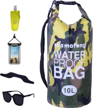 Waterproof Dry Bag Combo 5-30L Roll Top Dry Storage Bag Backpack for Kayaking Boating Beach Camping Travel Fishing, w/Phone Case & Collapsible Water Bottle & Sunglasses & Ear Band,Yellow 5L