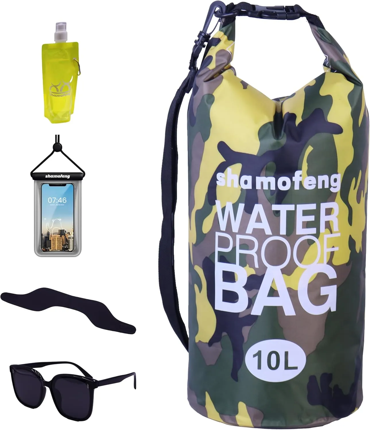 Waterproof Dry Bag Combo 5-30L Roll Top Dry Storage Bag Backpack for Kayaking Boating Beach Camping Travel Fishing, w/Phone Case & Collapsible Water Bottle & Sunglasses & Ear Band,Yellow 5L