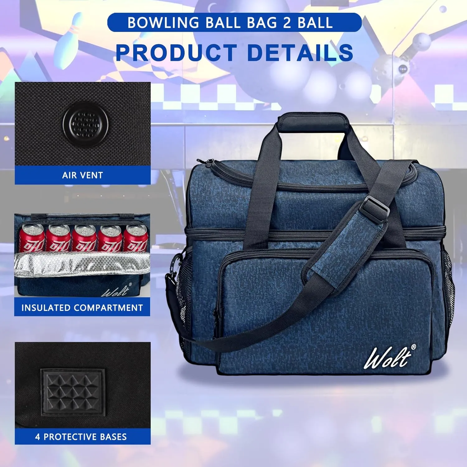 WOLT 2 Ball Bowling Bag with Padded Holder - Fits Shoes Up to Mens Size 16, Bowling Accessories
